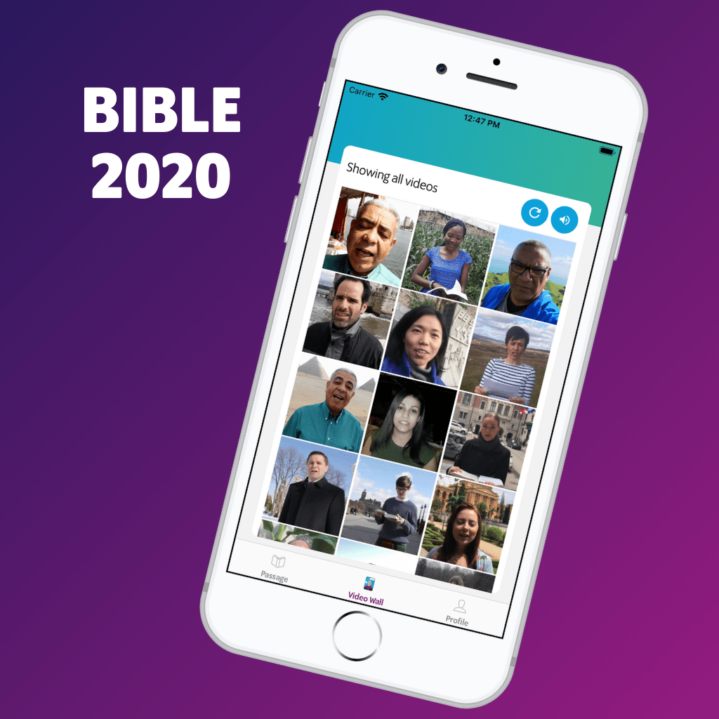 Mobile phone displaying Bible 2020 mobile app home screen